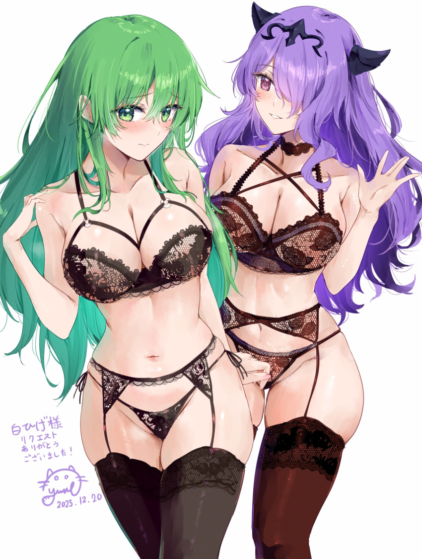 2_girls alluring bare_shoulders big_breasts black_bra black_panties blush bra brown_bra brown_choker brown_panties brown_thighhighs camilla_(fire_emblem) choker cleavage closed_mouth collarbone commentary embarrassed eyebrows_hidden_by_hair fire_emblem fire_emblem:_path_of_radiance fire_emblem:_radiant_dawn fire_emblem_fates fire_emblem_warriors frown garter_belt green_eyes green_hair grin groin hair_between_eyes hair_over_one_eye hand_up high_res horns intelligent_systems lace lace-trimmed_bra lace-trimmed_panties lace_trim lingerie long_green_hair long_hair long_purple_hair looking_at_viewer multiple_girls navel nephenee_(fire_emblem) nintendo open_mouth panties purple_eyes purple_hair purple_hair_over_one_eye shy skindentation smile stockings stomach thick_thighs thighs underwear very_long_hair waving yuuri_(orz_commushows)