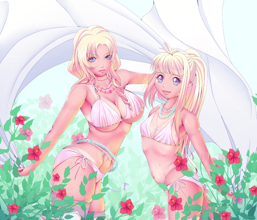 2_girls alluring big_breasts bikini blonde_hair blue_eyes clarine_(fire_emblem) cleavage drill_hair fire_emblem fire_emblem:_the_binding_blade fire_emblem:_the_blazing_blade flower harihisa hibiscus intelligent_systems jewelry leaf long_hair looking_at_viewer lots_of_jewelry louise_(fire_emblem) milf mother_&_daughter multiple_girls navel necklace nintendo open_mouth ponytail ribs side-tie_bikini_bottom small_breasts smile stockings swimsuit tan tan_line under_boob