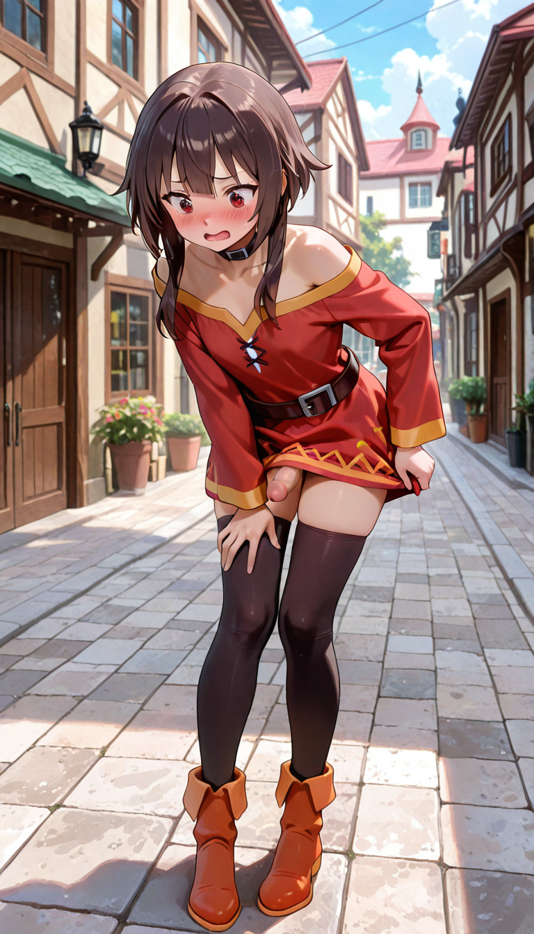 accidental_exposure ai_generated belt blush blushing_face blushing_female blushing_profusely boots brown_hair clothed clothed_female collarbone covering embarrassed erection erection_under_clothes erection_under_skirt full_body futanari hand_on_thigh knees_together knees_together_ankles_apart kono_subarashii_sekai_ni_shukufuku_wo! konosuba:_gods_blessing_on_this_wonderful_world! leaning_forward looking_down megumin megumin_(konosuba) mouth_open penis public public_exposure red_dress red_eyes shoulders skirt skirt_lifted_by_self small_breasts small_penis standing stockings street thigh_squish thighs white_skin