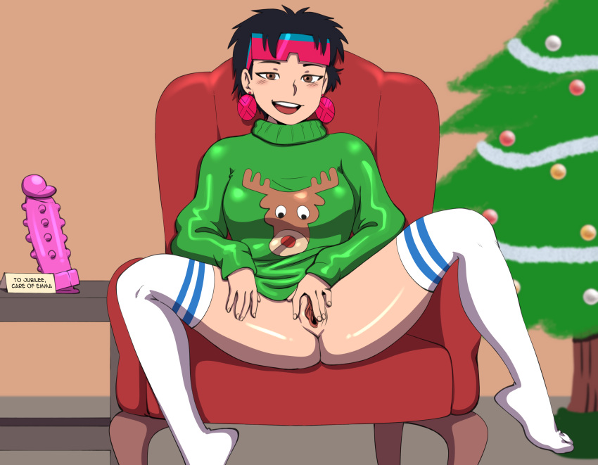 alternate_version_available asian asian_female black_hair chair christmas christmas_2025 christmas_tree commission commissioner_upload darkeros darkeros13 dildo earrings jubilation_lee jubilee kneehighs looking_at_viewer marvel pussy sitting_on_chair socks spread_legs spread_pussy sunglasses sunglasses_on_head sweater sweater_only table textless thedarkeros tube_socks ugly_christmas_sweater x-men