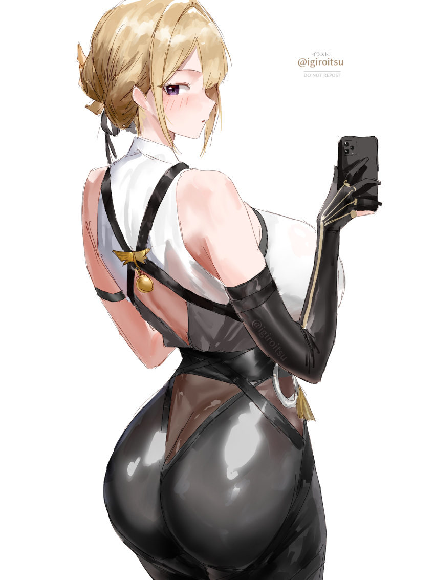 1girl big_breasts blonde_hair bubble_butt cleavage evelyn_chevalier horny igiroitsu inviting_to_sex looking_at_viewer pose purple_eyes standing teasing thick_thighs zenless_zone_zero