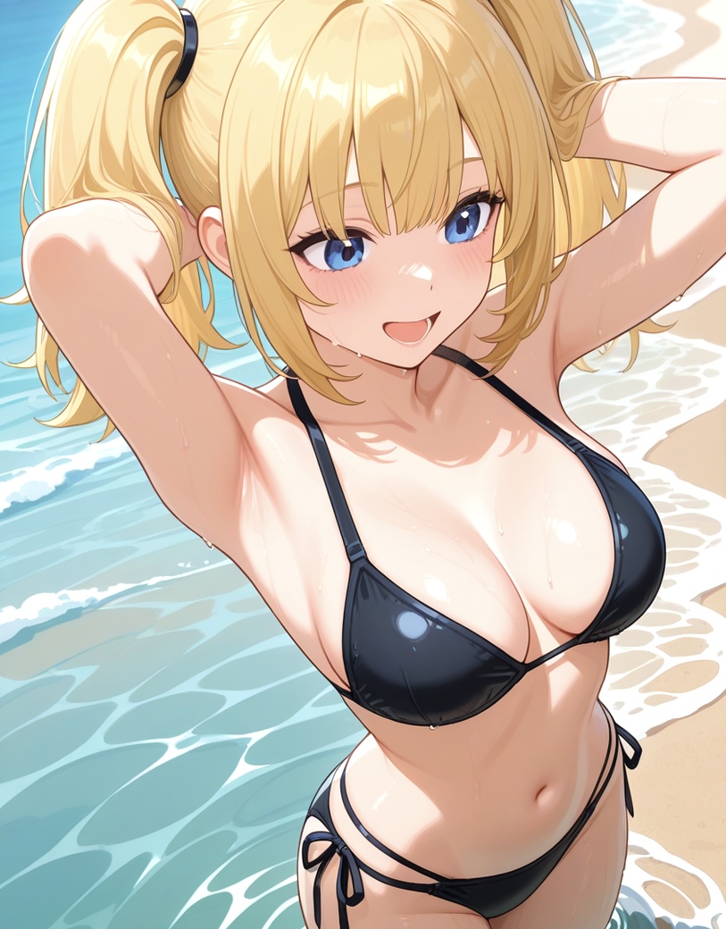 1girl 1girls ai_generated ani_(twitter) arms_behind_head beach big_breasts bikini black_bikini blonde_hair blue_eyes blush breasts cleavage female_only ocean outside smile solo_female twin_tails twitter wet