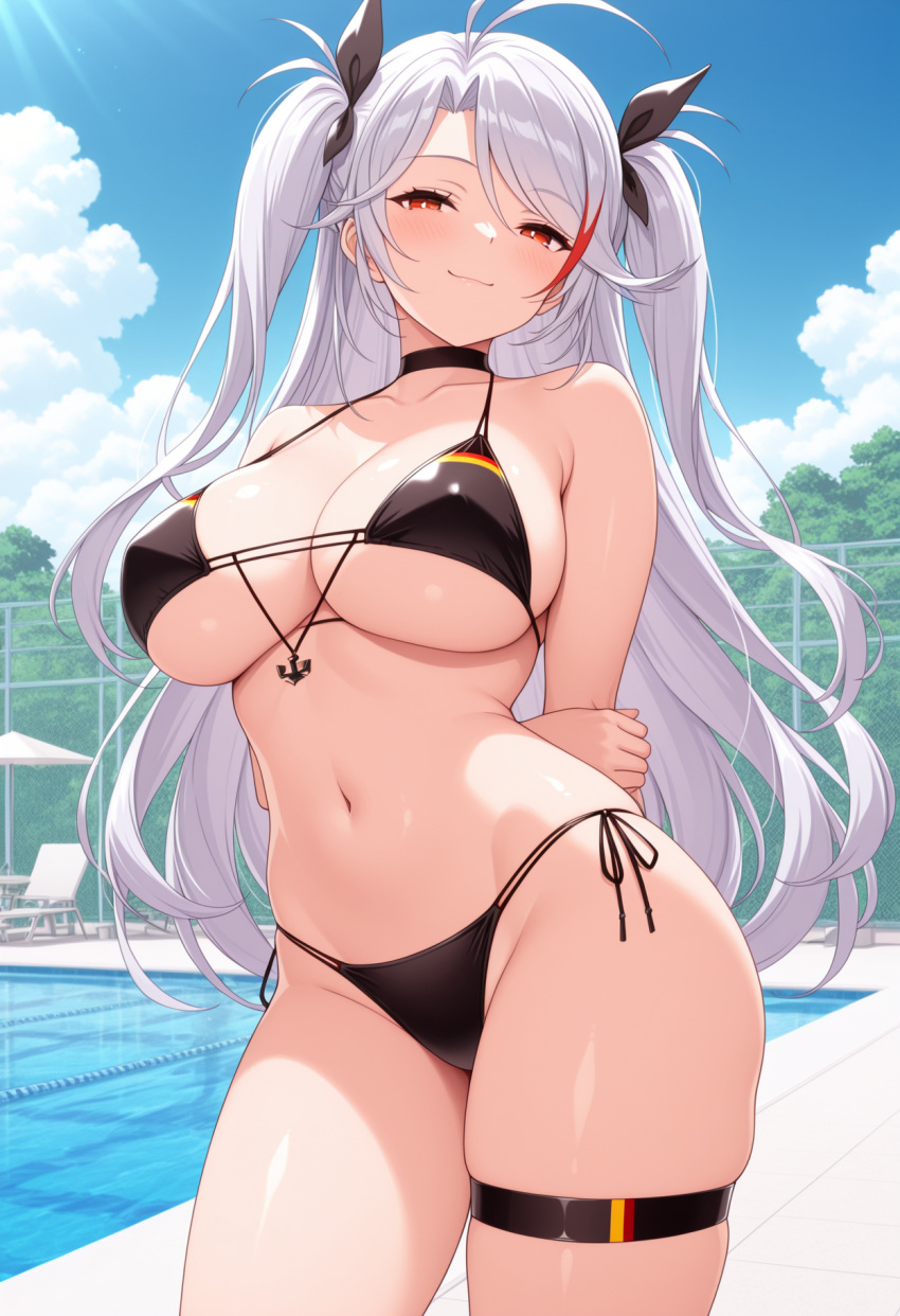 1girl ai_generated arms_behind_back azur_lane big_breasts bikini black_bikini black_choker black_ribbon breasts choker female_only hair_ribbons long_hair orange_eyes outdoor_pool outside pool poolside prinz_eugen_(azur_lane) prinz_eugen_(unfading_smile)_(azur_lane) red_hair ribbons smile solo_female streaked_hair thighlet twin_tails vegaforge white_hair