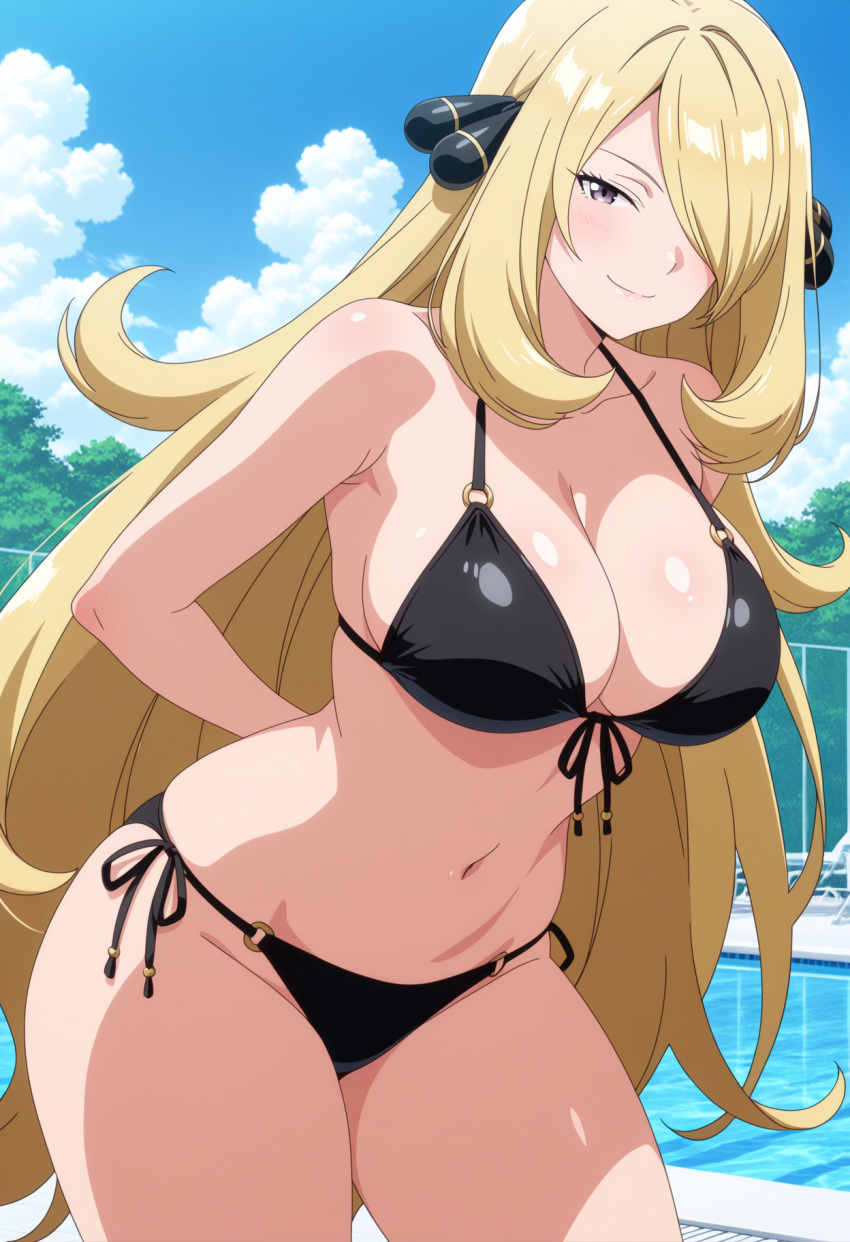 1girl ai_generated arms_behind_back big_breasts bikini black_bikini blonde_hair blush breasts cleavage cynthia_(pokemon) female_only grey_eyes hair_accessory hair_ornament hair_over_one_eye leaning_forward long_hair nintendo outdoor_pool outside pokemon pool poolside smile solo_female vegaforge