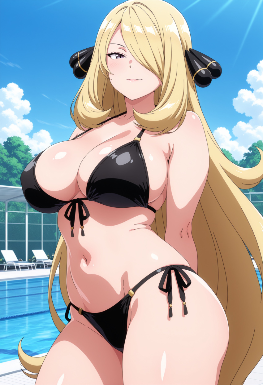 1girl ai_generated arms_behind_back big_breasts bikini black_bikini blonde_hair blush breasts cleavage cynthia_(pokemon) female_only grey_eyes hair_accessory hair_ornament hair_over_one_eye long_hair nintendo outdoor_pool outside pokemon pool poolside smile solo_female vegaforge