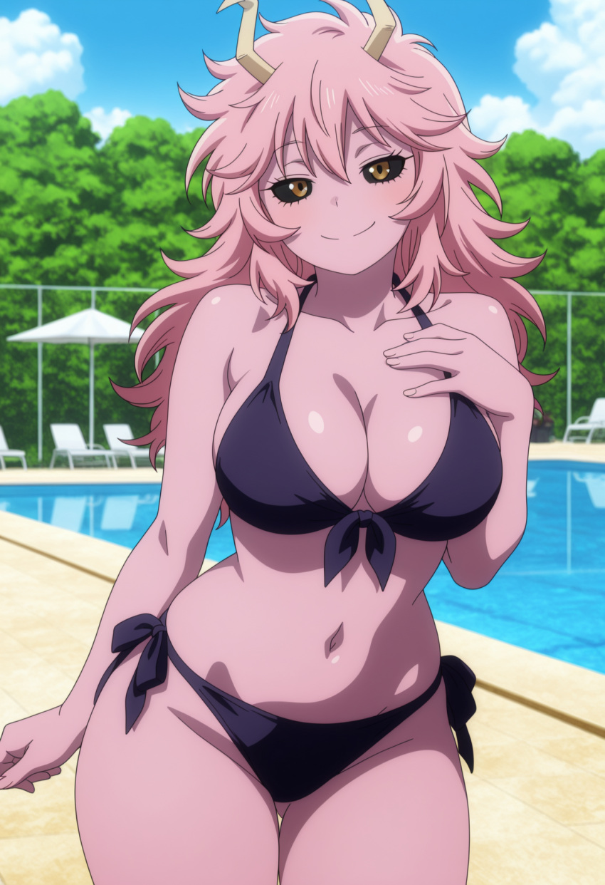 1girl ai_generated big_breasts bikini black_sclera blush boku_no_hero_academia breasts cleavage female_only golden_eyes hand_on_chest hand_on_own_chest horns long_hair mina_ashido outdoor_pool outside pink_hair pink_skin pool poolside purple_bikini seductive_eyes seductive_look seductive_smile smile solo_female vegaforge