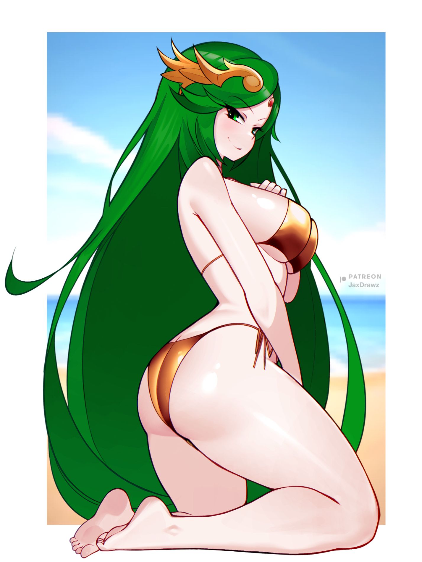 1girl 1girl 1girl alluring ass barefoot big_breasts bikini bikini_bottom bikini_top bottomwear breasts feet female_only goddess gold_bikini golden_bikini golden_week green_eyes green_hair hair jaxdrawz kid_icarus long_hair mature mature_female mature_woman on_knees palutena side_view sideboob solo_female swimwear thick_thighs thighs topwear