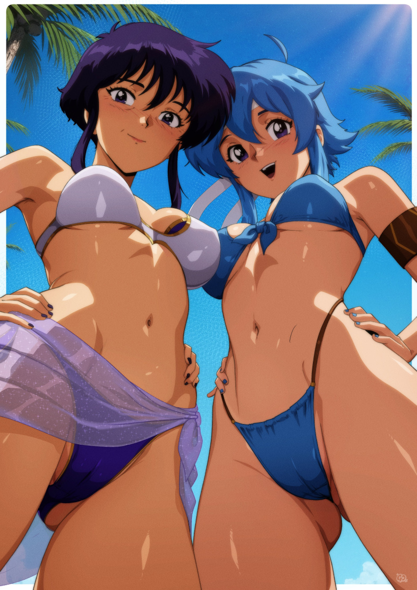2_girls absurd_res aged_up ahoge armlet armor ass bikini bikini_armor black_hair blue_hair blue_sky blush breastplate cameltoe commentary commission commissioner_upload covered_erect_nipples english_commentary fire_emblem fire_emblem:_genealogy_of_the_holy_war from_below front-tie_bikini_top front-tie_top gluteal_fold gravydood groin hands_on_own_hips headband high_res highleg highleg_bikini intelligent_systems jewelry larcei_(fire_emblem) looking_at_viewer mother_&_daughter mother_and_child multiple_girls navel nintendo open_mouth outside_border palm_tree parent_and_child purple_eyes revealing_clothes see-through_clothes selia_(fire_emblem) short_hair sidelocks sky smile swimsuit swimsuit_cover-up thighs tomboy tree white_headband