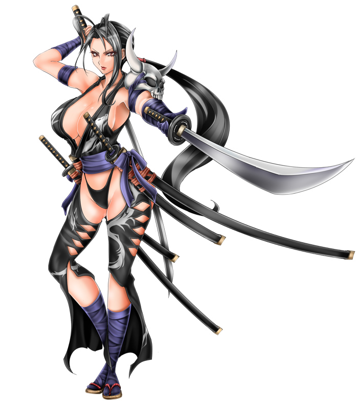 1041_(toshikazu) 1girl 1girl armor bandai_namco big_breasts black_hair breasts chaps female_focus fighting_game long_hair namco_bandai project_soul revealing_clothes shura_(soulcalibur) soul_calibur soulcalibur soulcalibur_iv sword tabi video_game_character video_game_franchise video_games voluptuous weapon