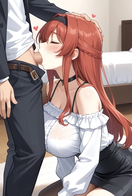1boy 1girl 1girls ai_generated bare_shoulders bed bedroom big_breasts black_choker black_headband black_skirt black_stockings blouse blush bra_straps breasts choker closed_eyes clothed clothed_blowjob clothed_oral deepthroat ember_paradox fellatio hand_on_head headband heart indie_virtual_youtuber indie_vtuber long_hair male off_shoulder_shirt on_knees oral penis penis_in_mouth red_hair skirt stockings twitch virtual_youtuber vtuber white_blouse