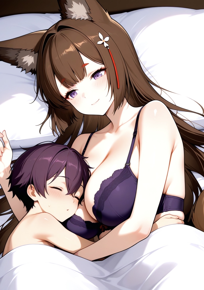 1boy 1girls ai_generated amagi_(azur_lane) azur_lane bedroom big_breasts blush bra breasts brown_hair cleavage fox_ears fox_girl fox_tails hair_accessory hair_ornament head_on_breast hugging in_bed long_hair male_sleeping mother_&_son naked_male nude nude nude_male purple_bra purple_eyes ship_girl smile under_blanket wholesome