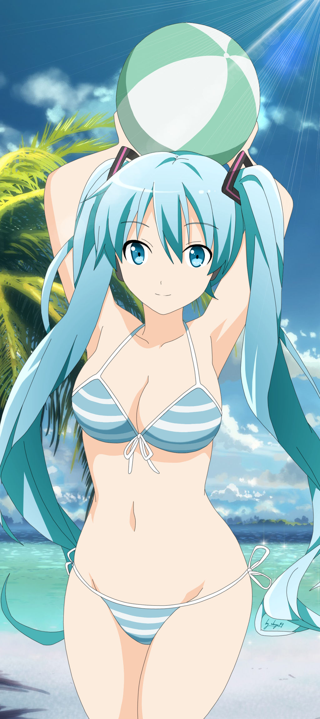1girl 1girl 1girl alluring aqua_eyes aqua_hair arms_behind_head arms_up ball beach beach_ball beachball big_breasts big_breasts big_breasts bikini blue_eyes breasts cloud day front-tie_top green_hair legs long_hair looking_at_viewer medium_breasts miku_hatsune navel ocean outside sega side-tie_bikini_bottom sky smile striped striped_bikini swimsuit thighs tree twin_tails very_long_hair vocaloid voluptuous water