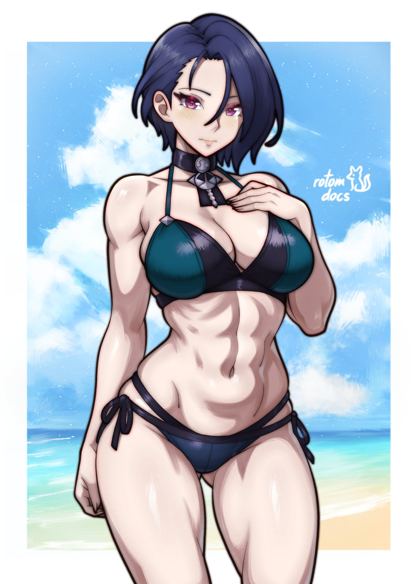 1girl 1girl abs absurd_res alluring alternate_costume artist_name athletic_female bare_arms bare_shoulders beach big_breasts bikini black_bikini black_choker blue_hair breasts choker cleavage collarbone female_abs fire_emblem fire_emblem:_three_houses fit_female gluteal_fold hand_on_own_chest high_res intelligent_systems navel nintendo ocean outside purple_eyes rotomdocs shamir_nevrand short_hair side-tie_bikini_bottom sideboob skindentation stomach swimsuit thick_thighs thighs