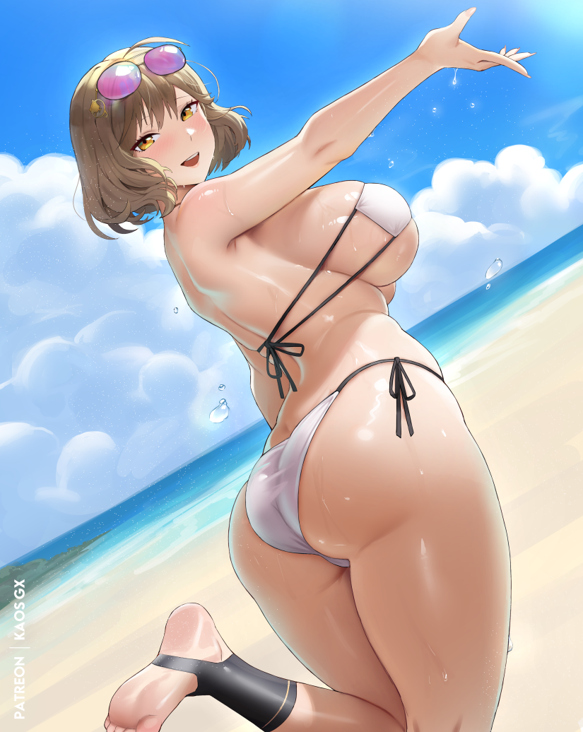 1girl 1girl ahoge alluring anis_(nikke) anis_(sparkling_summer)_(nikke) arm_up ass beach big_breasts bikini brown_eyes brown_hair cloud day goddess_of_victory:_nikke kaos_art looking_at_viewer looking_back outside short_hair sideboob sky swimsuit white_bikini