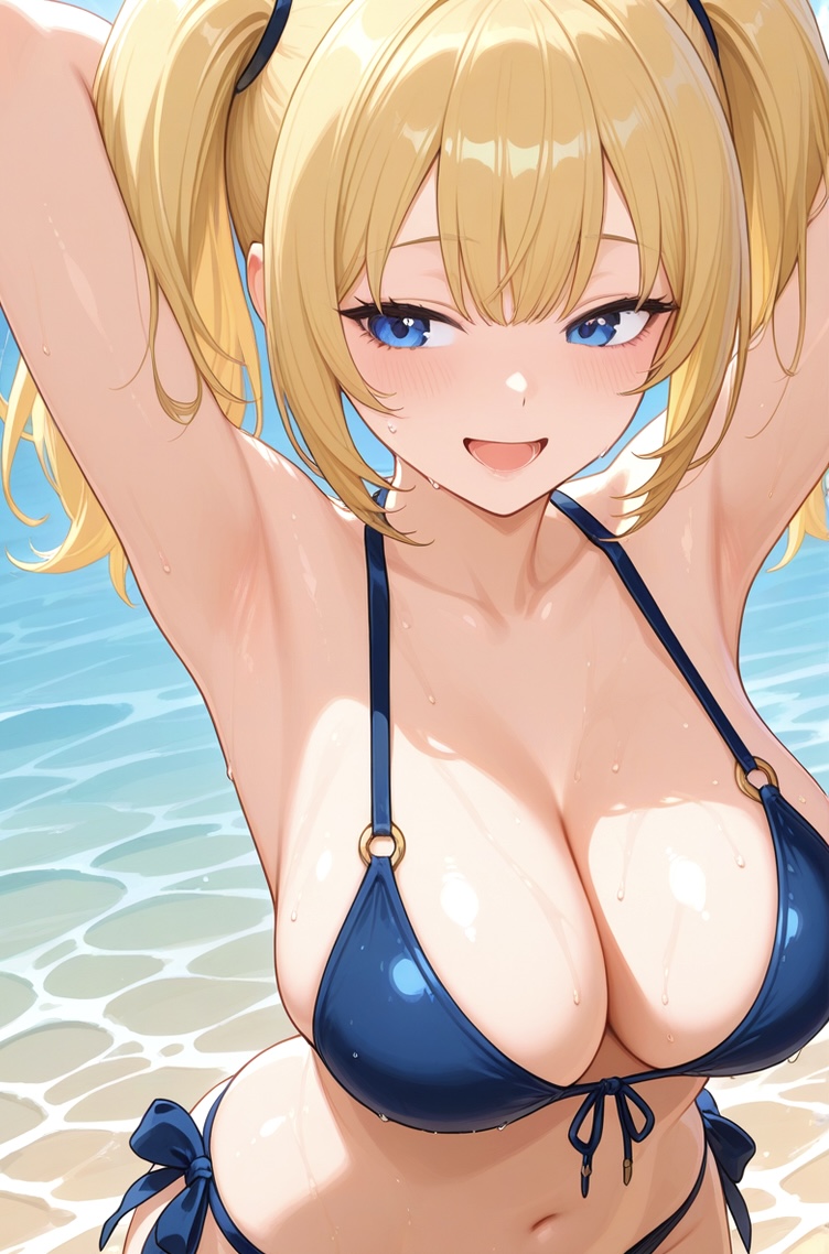 1girl 1girls ai_generated ani_(twitter) arms_behind_head beach big_breasts bikini blonde_hair blue_bikini blue_eyes blush breasts cleavage female_only ocean outside smile solo_female twin_tails twitter wet