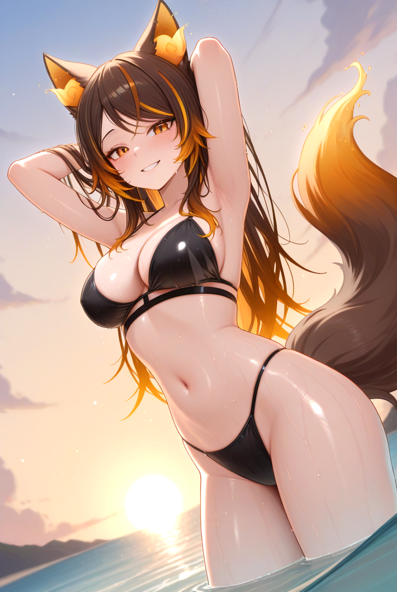 1girl 1girls ai_generated animal_ears arms_behind_head beach big_breasts bikini black_bikini blush breasts brown_hair cleavage female_only hellhound in_water long_hair multicolored_hair multicolored_tail ocean orange_eyes orange_hair sinder_(vtuber) smile solo_female sunset virtual_youtuber vtuber wet wolf_ears wolf_girl wolf_tail