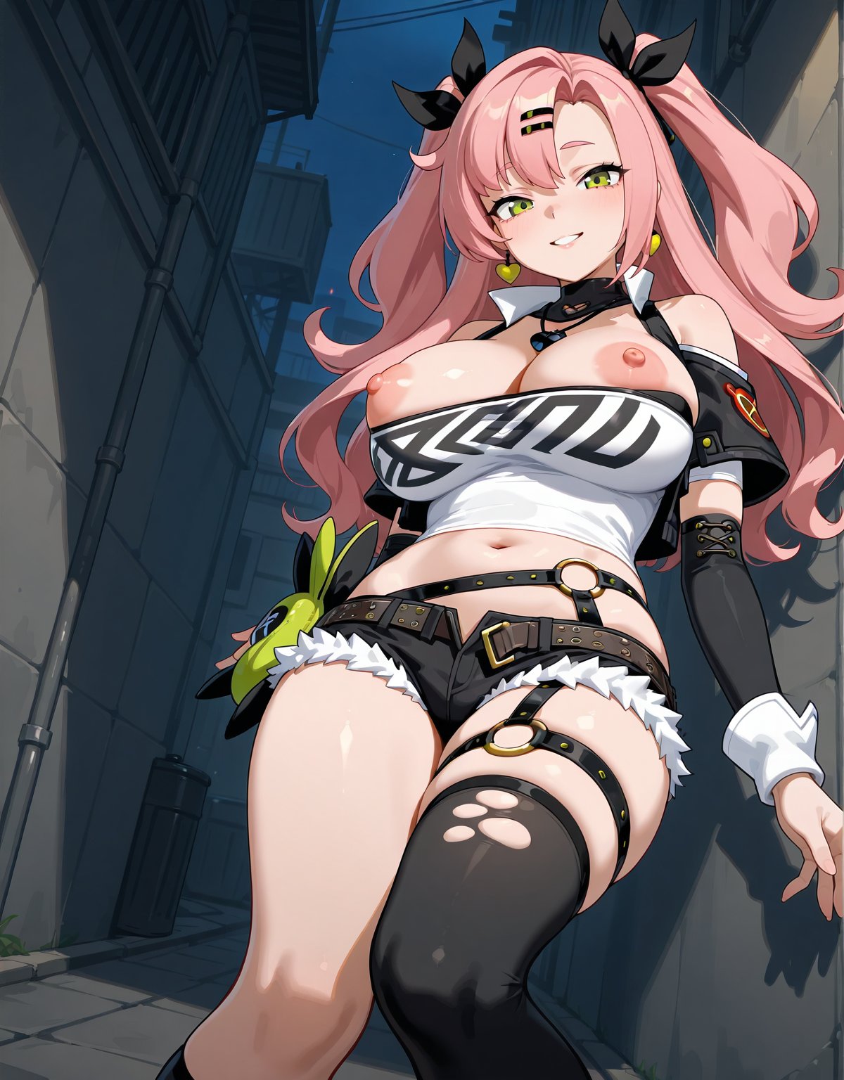 1girl 1girls ai_generated backalley big_breasts black_hair_ribbon black_ribbons black_short_shorts black_stocking blush breasts breasts_out clothed clothed_female detached_sleeves earrings eternoai female_only green_eyes hair_accessory hair_ornament hair_ribbons long_hair necklace neckwear nicole_demara night night_sky nipples pink_hair ribbons shirt_down short_shorts smile solo_female stocking twin_tails white_shirt zenless_zone_zero