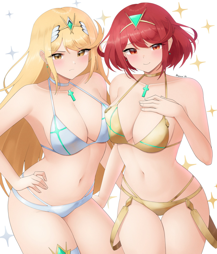 1girl 2_girls alluring bare_shoulders big_breasts bikini blonde_hair blush chest_jewel cleavage core_crystal_(xenoblade) cowboy_shot doiparuni earrings floating_earrings frown gold_bikini golden_week hand_on_own_hip headpiece high_res jewelry long_hair looking_at_viewer multiple_girls mythra_(xenoblade) pyra_(xenoblade) red_eyes red_hair short_hair simple_background smile sparkle swept_bangs swimsuit tiara very_long_hair white_background white_bikini xenoblade_(series) xenoblade_chronicles_2 yellow_eyes
