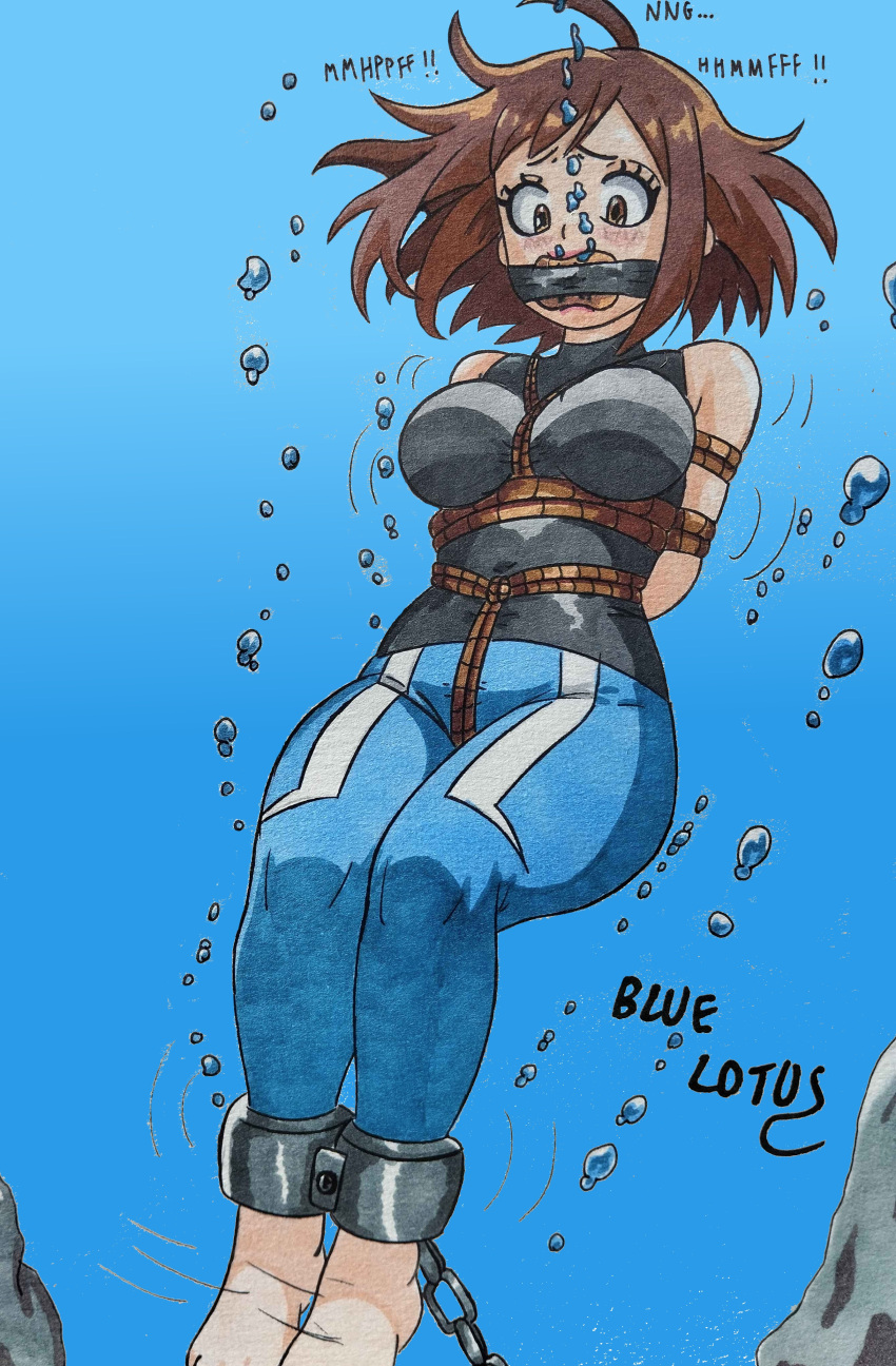 1girl adult anime big_breasts blue-lotus bondage bound_and_gagged breath_holding damsel_in_distress drowning fanart female gag gagged heroine manga mouth_gag my_hero_academia ochako_uraraka peril ryona solo struggling tape_gagged traditional_art underwater underwater_peril water_torture