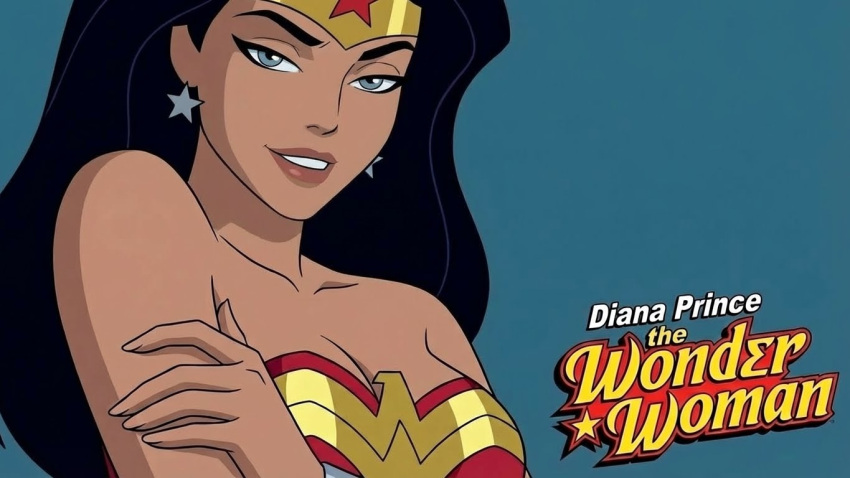 1girl amazon bangs bare_arms bare_shoulders big_breasts black_hair blue_background breasts brown_lipstick character_name cleavage collarbone copyright_name dc_comics diana_prince female_only female_solo grey_eyes grin half-closed_eyes hand_on_arm hand_on_own_arm hand_up heroine jewelry justice_league justice_league_unlimited leotard lips lipstick long_hair looking_at_viewer makeup mrfluffypotato naughty_face neck parted_bangs parted_lips red_leotard silver_earrings silver_jewelry simple_background smile star star_(symbol) star_earrings star_print straight_hair strapless strapless_leotard superhero_costume superheroine themysciran thick_eyebrows tiara upper_body wonder_woman wonder_woman_(series)