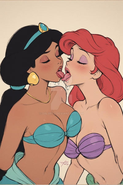 2_girls adapted_costume aladdin_(1992_disney_film) aladdin_(series) alternate_costume aqua_bikini arabian_female arm_behind_back arms_at_sides bare_arms bare_shoulders big_breasts black_hair blush breasts brown_eyeshadow cleavage closed_eyes collarbone couple dark-skinned_female dark_skin disney disney_princess duo earrings eyeshadow female/female female_only french_kiss gold_earrings gold_jewelry gold_necklace hair_ornament interracial interracial_couple interracial_yuri jewelry kissing lavender_eyeshadow light-skinned_female light_skin lips lipstick long_hair love low_ponytail makeup medium_breasts mermaid midriff multiple_girls mutual_yuri navel neck necklace open_mouth pink_lipstick ponytail princess princess_ariel princess_jasmine purple_bikini purple_eyeshadow red_hair red_lipstick revealing_clothes romantic romantic_couple round_teeth saliva shell shell_bikini siil3ntj siil3ntj_(artist) simple_background straight_hair strapless strapless_bikini teeth the_little_mermaid the_little_mermaid_(1989_film) thick_eyebrows thick_lips tied_hair tongue tongue_out upper_teeth upper_teeth_only very_long_hair yuri