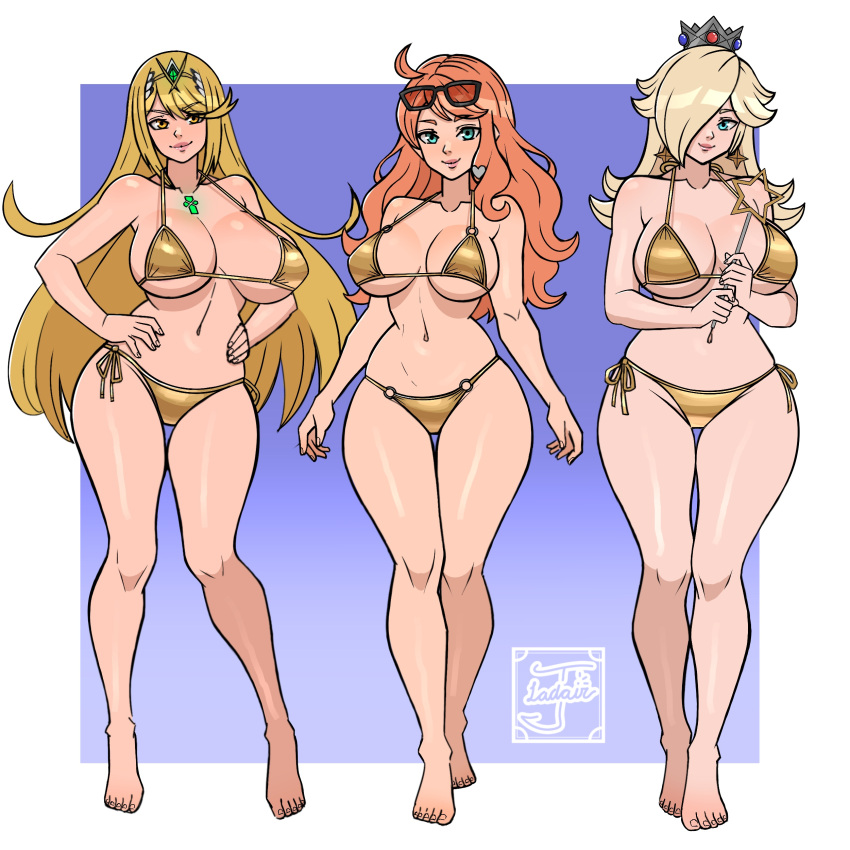 3_girls absurd_res alluring barefoot big_breasts bikini blonde_hair blue_eyes brown_eyes cleavage closed_mouth commentary english_commentary eyewear_on_head full_body gold_bikini groin hair_over_one_eye hands_on_own_hips high_res holding holding_wand jayladair lips long_hair looking_at_viewer mario_(series) multiple_girls mythra_(xenoblade) navel nintendo orange_hair pokemon princess_rosalina rosalina smile sonia_(pokemon) stomach swimsuit wand xenoblade_(series)