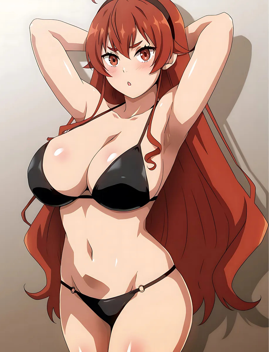 ai_generated armpits arms_up athletic_female bare_thighs big_breasts big_breasts bikini eris_boreas_greyrat hairband huge_breasts huge_thighs light-skinned_female light_skin long_hair looking_at_viewer mushoku_tensei:_isekai_ittara_honki_dasu red_eyes red_hair solo_female squatting sweat sweatdrop thick_body thick_female thick_thighs thighs voluptuous voluptuous_female vulgarholiic