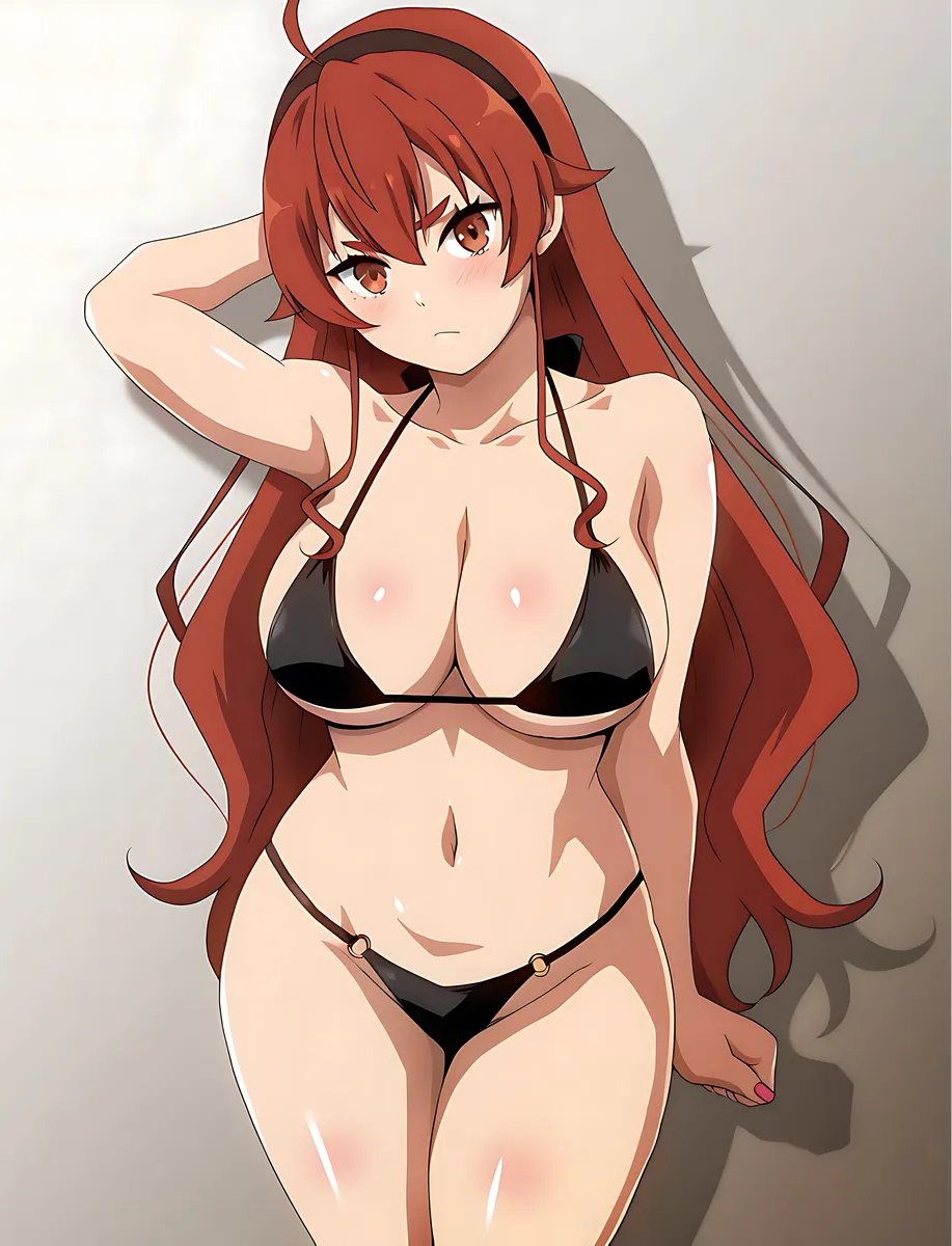 ai_generated athletic_female bare_thighs big_breasts big_breasts bikini eris_boreas_greyrat hairband huge_breasts huge_thighs light-skinned_female light_skin long_hair looking_at_viewer mushoku_tensei:_isekai_ittara_honki_dasu red_eyes red_hair solo_female squatting sweat sweatdrop thick_body thick_female thick_thighs thighs voluptuous voluptuous_female vulgarholiic