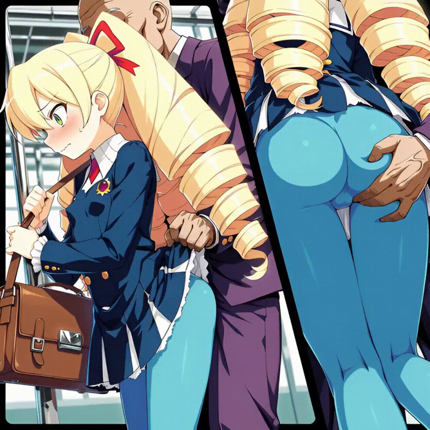1boy 1girl age_difference ass ass_grab backpack blonde_hair blush capcom chikan dress_lift embarrassed gif green_eyes long_hair luna_platz mega_man_star_force molestation multiple_views older_male ribbon rockman ryuusei_no_rockman shirogane_luna train_interior twin_drills younger_female