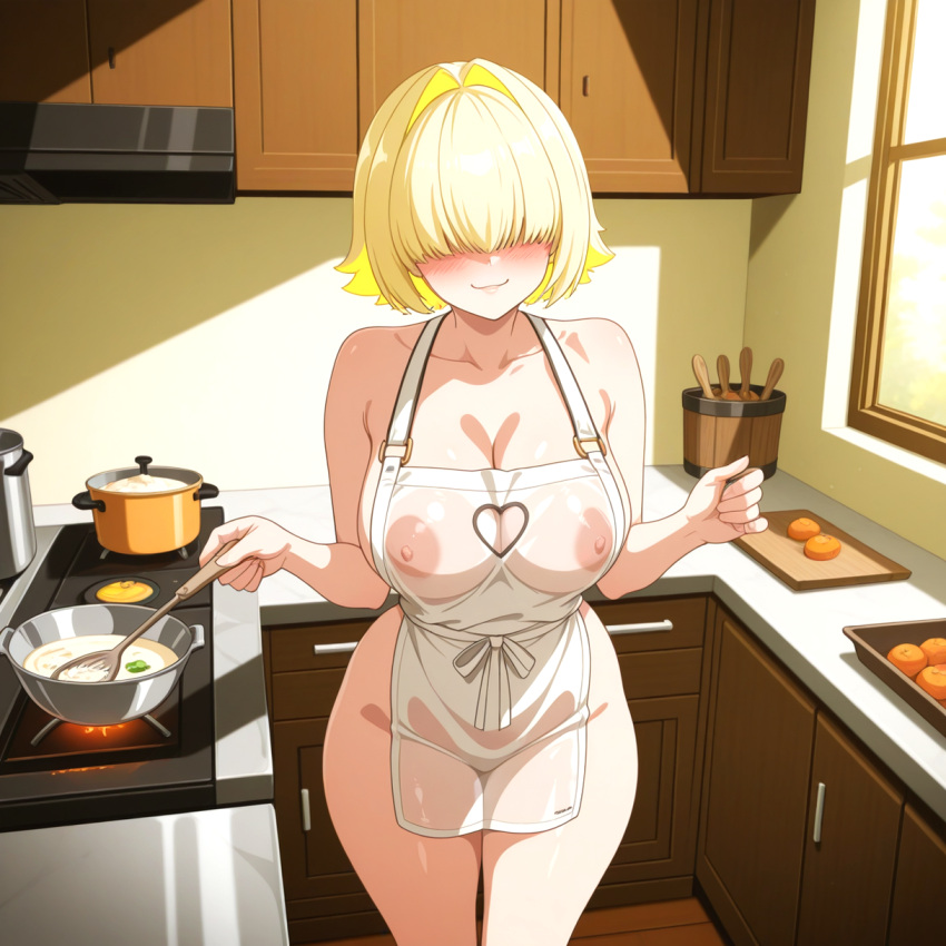 1girl 1girls ai_generated apron apron_only big_breasts blonde_hair blush breasts cooking elegg_(nikke) female_only goddess_of_victory:_nikke hair_over_eyes kitchen naked_apron naked_female nipples nipples_visible_through_clothing nude nude nude_female see-through_apron short_hair smile solo_female