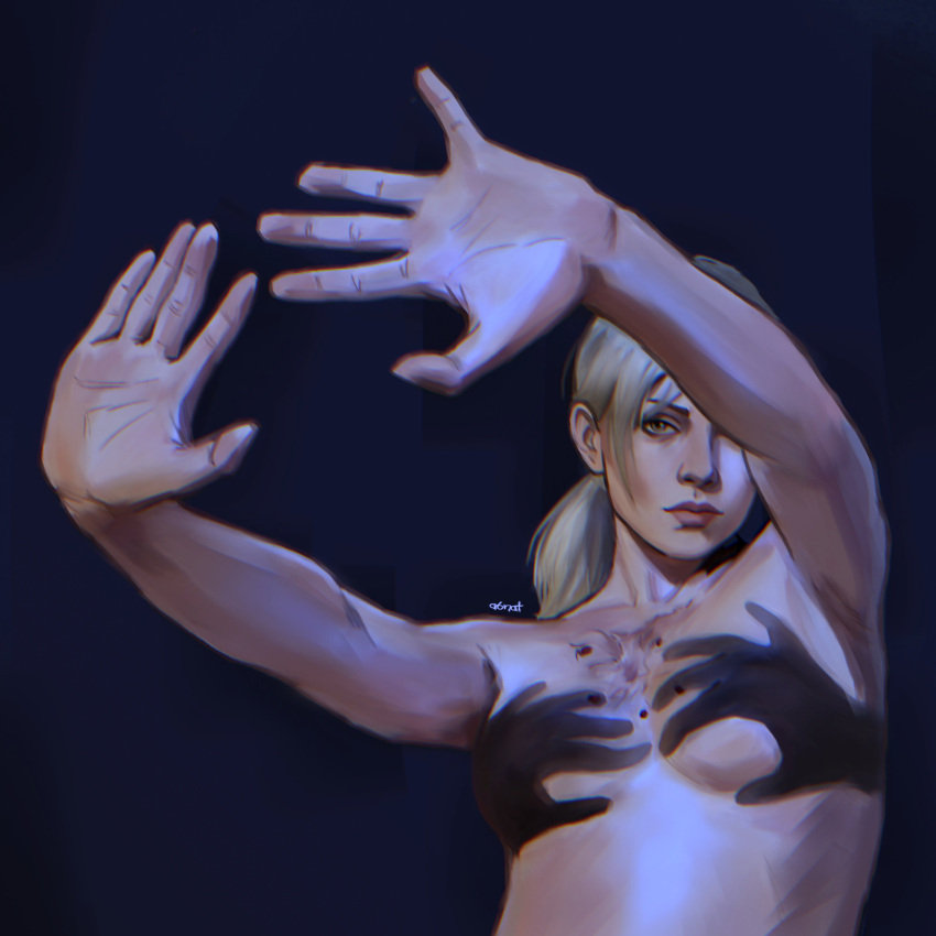 1girl a6nat absurd_res biohazard blonde_hair breasts bruise bruise_on_chest capcom commentary english_commentary hand_shadow_covering_breasts_(meme) hands_up high_res injury jill_valentine jill_valentine_(blonde) looking_at_viewer medium_breasts meme naked naked_female nude nude_female nudity one_eye_covered outstretched_arms perky_breasts ponytail resident_evil resident_evil_1 resident_evil_3 resident_evil_3:_nemesis resident_evil_3_remake resident_evil_5 sidelocks spread_fingers twitter upper_body