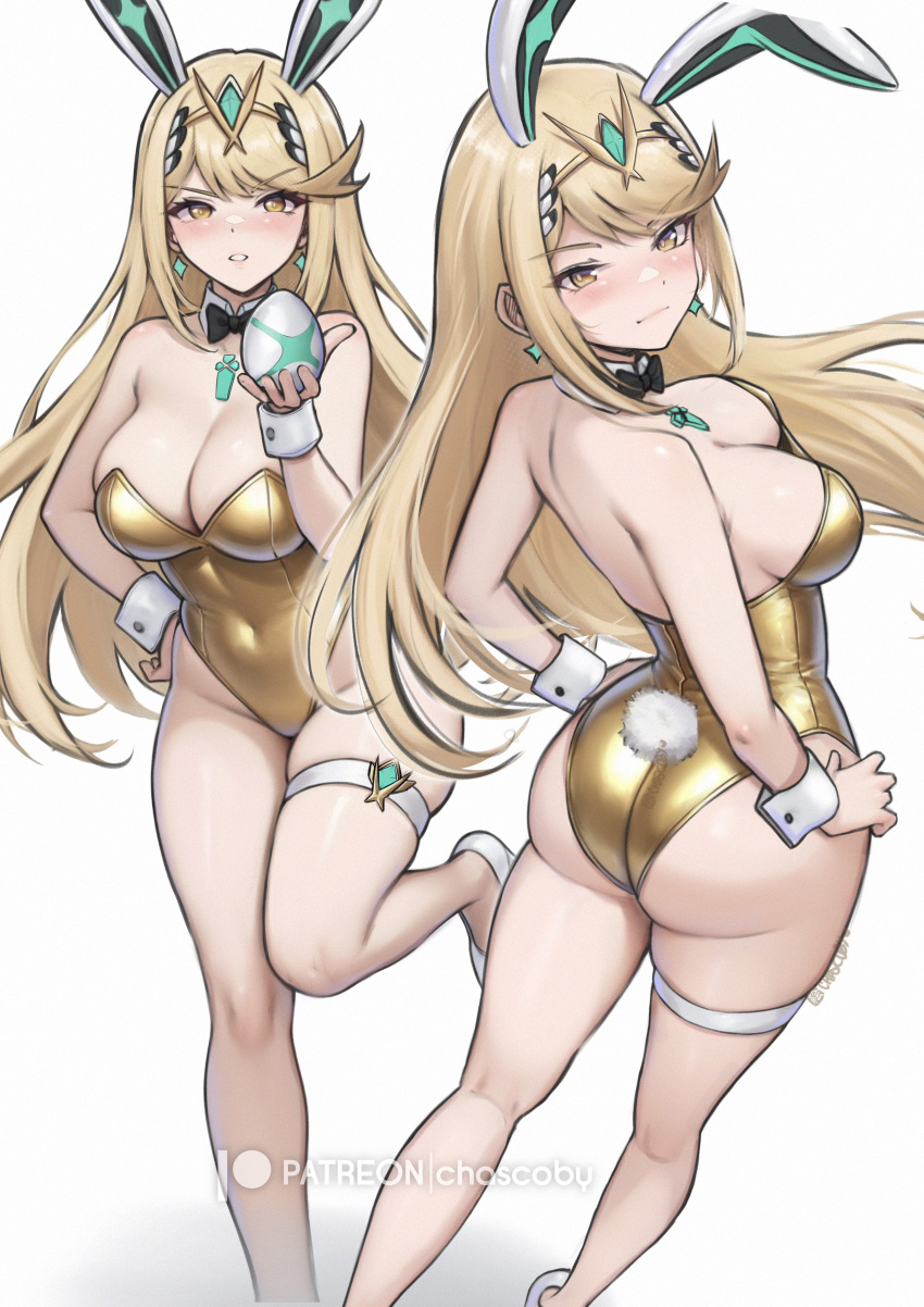 1girl absurd_res alluring animal_ears artist_name bare_shoulders big_breasts black_bow black_bowtie blonde_hair blush bow bowtie chascoby chest_jewel cleavage commentary core_crystal_(xenoblade) covered_navel detached_sleeves earrings egg english_commentary fake_animal_ears fake_tail foot_out_of_frame gem gold_leotard green_gem hand_on_own_hip high_heels high_res holding holding_egg jewelry leotard long_hair looking_at_viewer mythra_(xenoblade) parted_lips patreon_logo patreon_username playboy_bunny rabbit_ears rabbit_tail shoes simple_background standing standing_on_one_leg strapless strapless_leotard tail thigh_strap tiara white_background white_shoes xenoblade_(series) xenoblade_chronicles_2 yellow_eyes