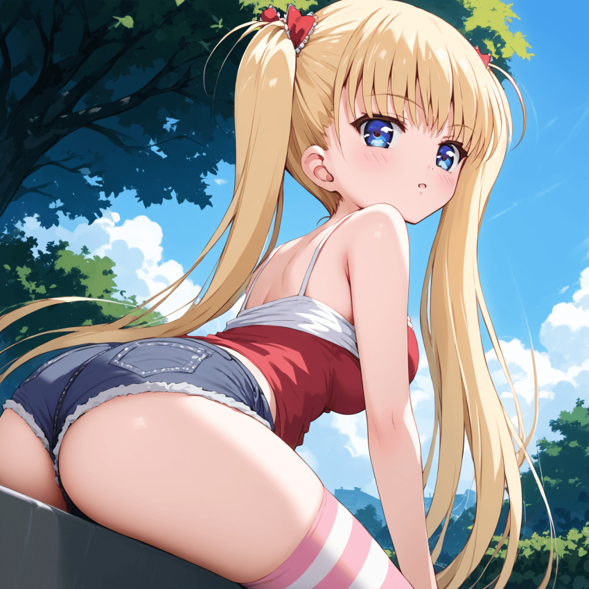 1girl ai-generated ai_assisted ai_generated airi_akizuki ass blonde_hair blue_eyes blush female_focus forest looking_back nature oni_chichi poro shirt short_shorts sitting twin_tails younger_female