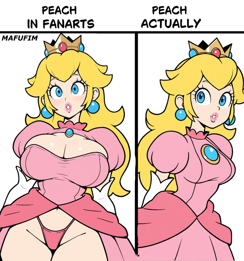 1girl ai_generated barely_contained big_breasts bimbo bimbofication blonde-haired_female blonde_hair blue_eyes breasts bursting_out_of_clothing busty_female cleavage clothing draw_fanart_of_a_character english_text female_focus female_only highleg_panties hourglass_figure light-skinned_female light_skin mafufim mario_(series) meme nintendo princess_peach slim_waist solo_female solo_focus text thick_thighs thighs white_background wide_hips