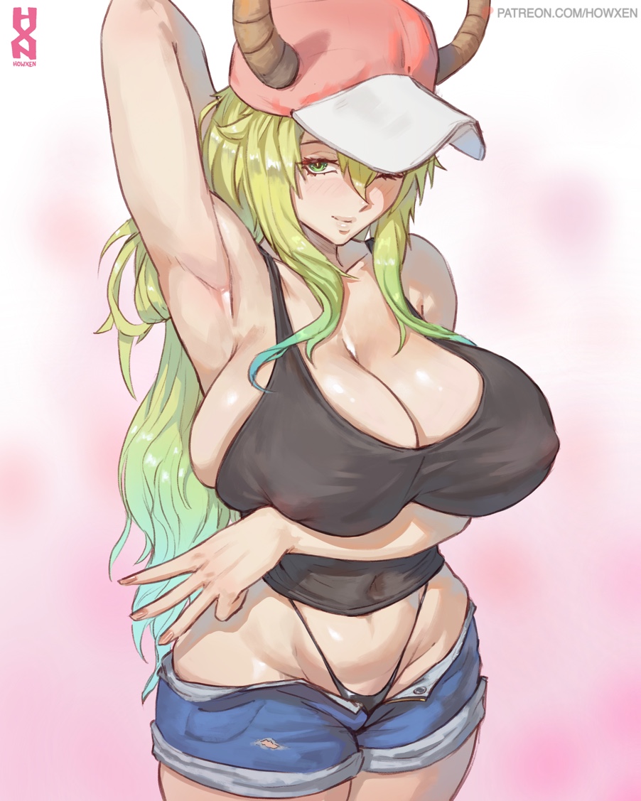 1girl big_breasts blonde_hair breast_press bubble_butt cleavage green_eyes horny howxen inviting_to_sex kobayashi-san_chi_no_maidragon looking_at_viewer lucoa lucoa_(maidragon) miss_kobayashi's_dragon_maid pose purple_eyes quetzalcoatl_(dragon_maid) standing teasing thick_thighs