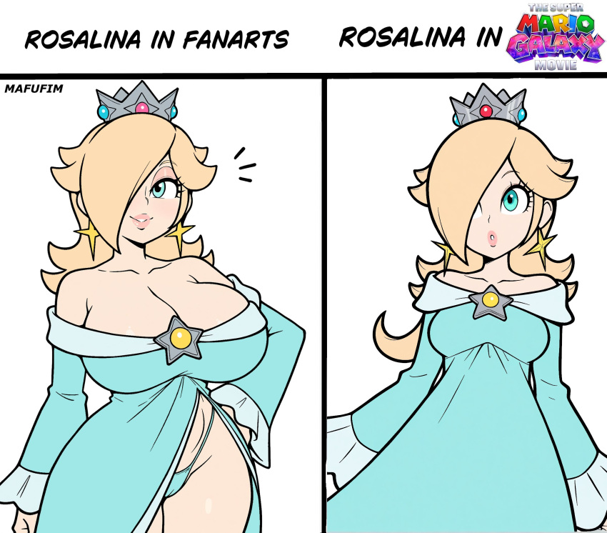 2_girls ai_assisted alternate_breast_size alternate_version_available aqua_dress aqua_eyes aqua_panties artist_name artstyle_imitation bare_shoulders big_breasts big_breasts blonde_hair blue_dress blue_eyes blue_panties breasts brooch cleavage clothing collarbone comparison cowboy_shot crown draw_fanart_of_a_character dress earrings english_text female_only hair_over_one_eye hand_on_own_hip headwear highleg_panties huge_breasts jewelry juxtaposition lips long_hair long_sleeves looking_at_viewer mafufim mario_(series) meme multiple_girls multiple_views notice_lines off-shoulder_dress off_shoulder one_eye_covered panties parted_lips rosalina rosalina simple_background star star_(symbol) star_brooch star_earrings super_mario_bros. super_mario_galaxy_(2026_film) template text trend underwear white_background yellow_gemstone