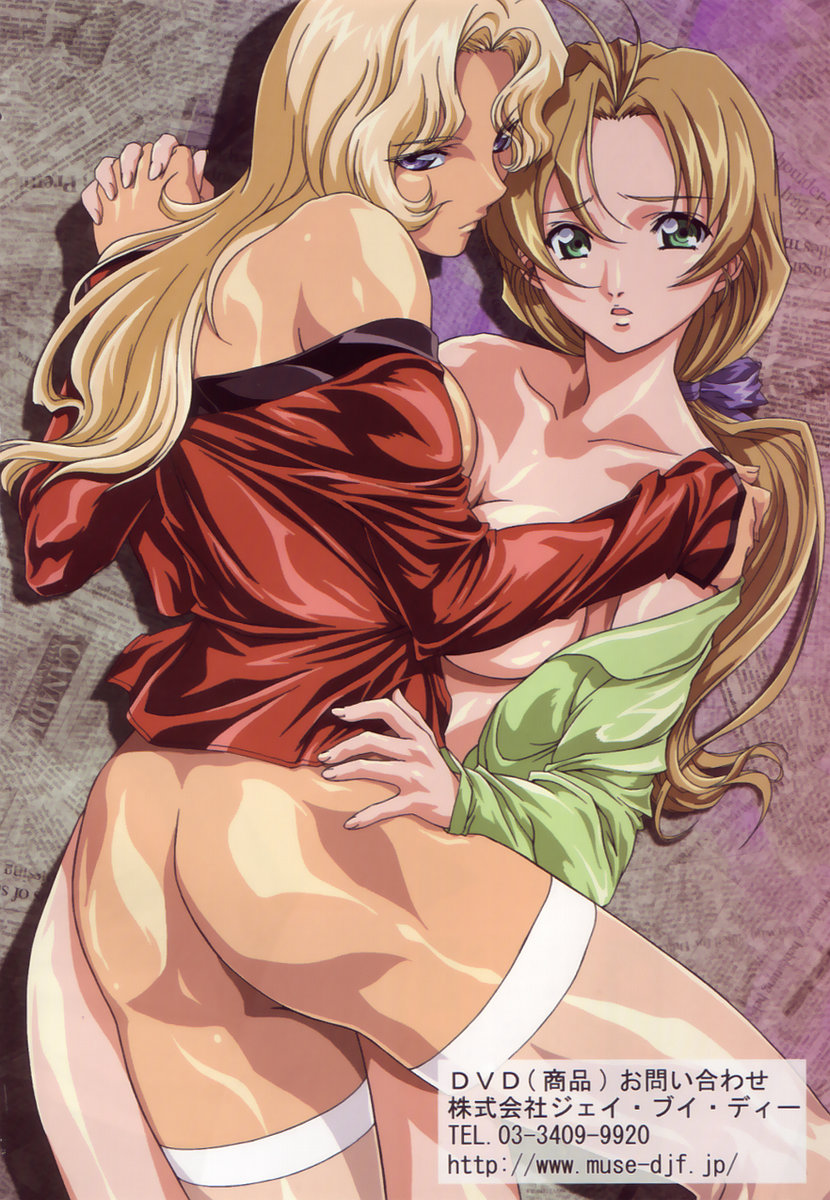 2_girls ass bare_shoulders blonde_female blonde_hair breast_press breasts brown_hair closed_mouth collarbone couple duo embarrassed expressionless eyebrows_visible_through_hair eyes_visible_through_hair female/female from_above girl_on_top green_eyes hair_ribbon half-closed_eyes high_res holding_hands hugging iijima_hiroya interlocked_fingers itazura itazura_the_animation jacket long_hair looking_at_viewer looking_back love low_ponytail medium_breasts mieko_(itazura) multiple_girls mutual_yuri neck off_shoulder open_mouth parted_bangs ponytail purple_eyes purple_ribbon red_jacket ribbon romantic romantic_couple shy sideboob straight_hair yumi_(itazura) yuri