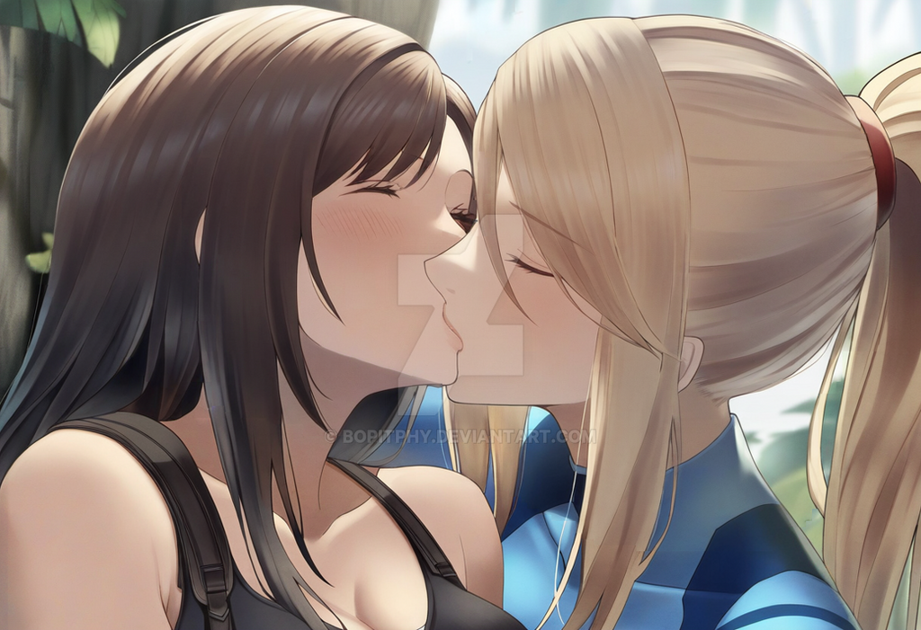2_girls bangs bare_shoulders big_breasts black_hair black_tank_top blonde_female blonde_hair blue_bodysuit blush bodysuit bopitphy breasts cleavage closed_eyes collarbone couple crossover day duo eyebrows_visible_through_hair female/female female_only final_fantasy final_fantasy_vii final_fantasy_vii_remake hair_between_eyes high_ponytail jungle kissing lips long_hair love metroid metroid_other_m metroid_zero_mission multiple_girls mutual_yuri nature neck nintendo outside plant ponytail romantic romantic_couple samus_aran sidelocks square_enix straight_hair suspenders swept_bangs tank_top tied_hair tifa_lockhart upper_body water waterfall yuri zero_suit zero_suit_samus