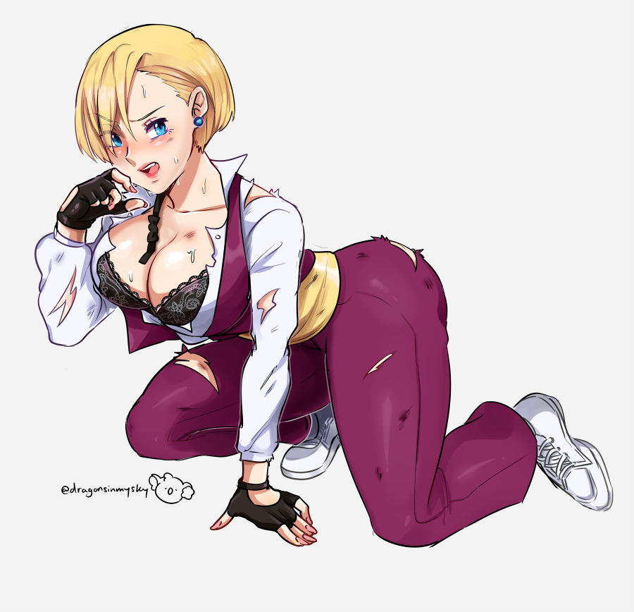 after_battle art_of_fighting artist_name artist_signature big_breasts blonde_hair blue_eyes bowtie bra breasts dragonsinmysky earring fingerless_gloves gloves king_(snk) looking_at_viewer open_shirt rubbing_cheek shirt shoes snk torn_clothes vest white_background