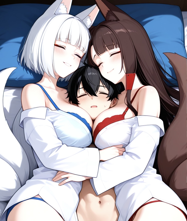 1boy 2_girls ai_generated akagi_(azur_lane) aunt_and_nephew azur_lane bare_shoulders big_breasts blouse blue_bra blue_panties blush bra breasts brown_hair cleavage closed_eyes fox_ears fox_girl fox_tails hair_accessory hair_ornament hugging in_bed kaga_(azur_lane) long_hair mother_&_son naked_male nude nude nude_male panties partially_clothed red_bra red_panties ship_girl sisters sleeping smile white_blouse white_hair wholesome