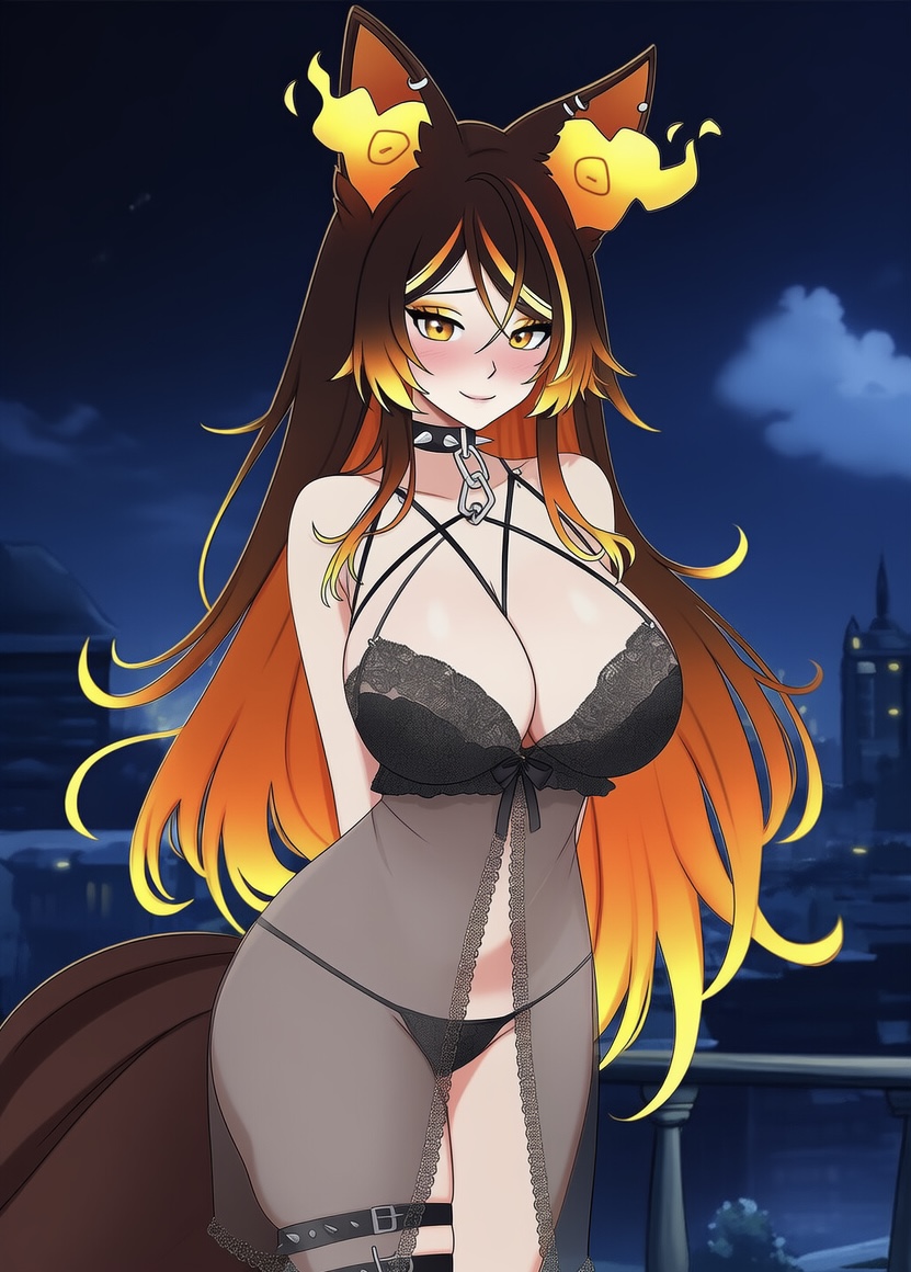1girl 1girls ai_generated arms_behind_back beautiful big_breasts big_breasts blush breasts brown_hair canine cleavage ears eyeshadow female_only hellhound huge_breasts legs_together long_hair looking_at_viewer multicolored_hair night night_sky nightgown orange_eyes orange_hair outside outside panties sexy sinder_(vtuber) smile solo_female spiked_collar virtual_youtuber vtuber wolf wolf_ears wolf_girl wolf_tail yellow_hair