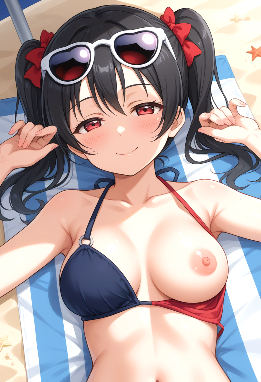 1girl 1girls ai_generated beach bikini bikini_top black_hair blush bows bra_down breasts female_only hairbow half-closed_eyes laying_on_towel love_live! medium_breasts one_breast_out one_nipple_out red_bows red_eyes smile solo_female sunglasses sunglasses_on_head twin_tails yazawa_nico