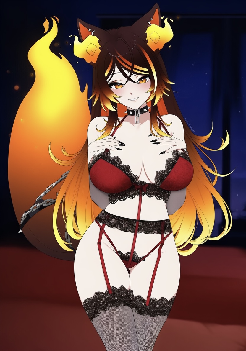 1girl 1girls ai_generated beautiful big_breasts blush bra bra_and_panties breasts brown_hair canine cleavage ears female_only garter_belt hands_on_chest hands_on_own_chest hellhound huge_breasts lingerie long_hair looking_at_viewer multicolored_hair multicolored_tail orange_eyes orange_hair panties sexy sinder_(vtuber) smile solo_female spiked_collar stockings virtual_youtuber vtuber wolf wolf_ears wolf_girl wolf_tail yellow_hair