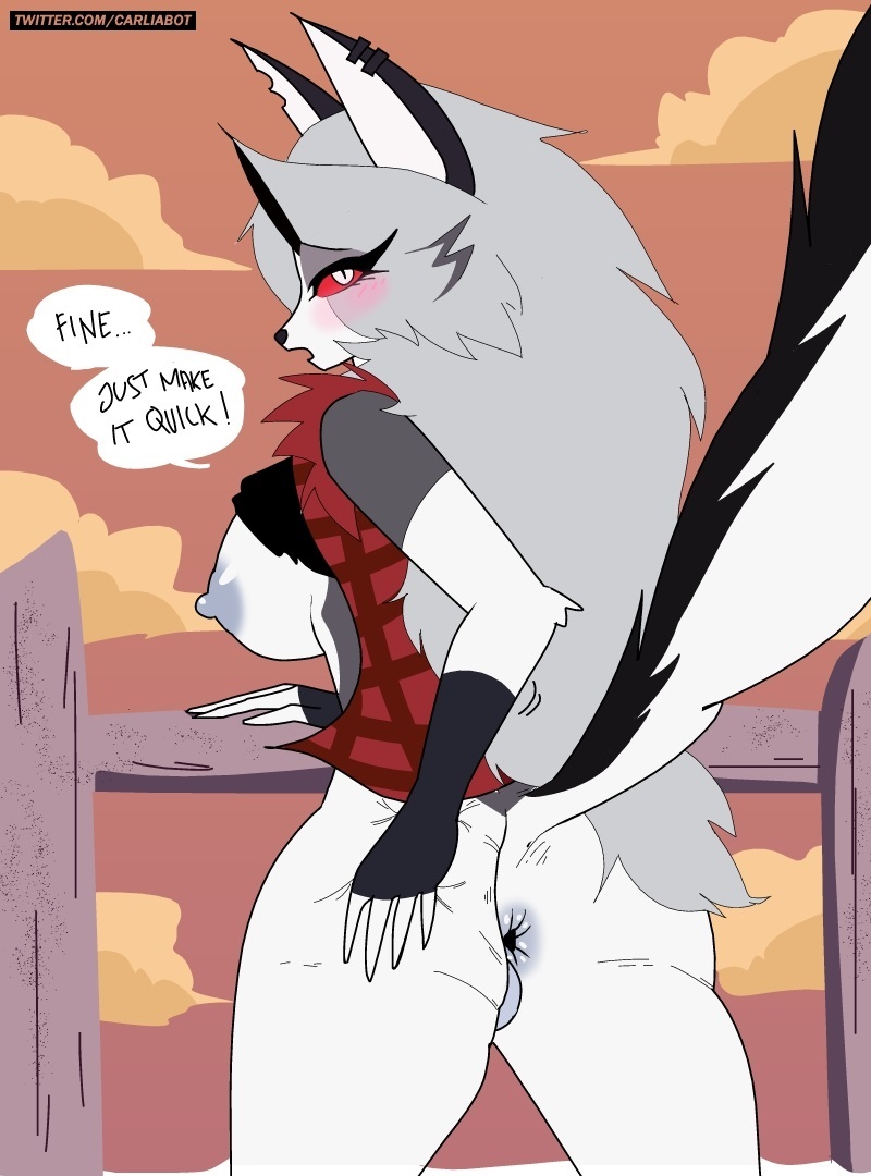 1girl 1girls anthro anus ass breasts canid canid_demon canine canis carliabot demon ear_piercing fingerless_gloves fingers gloves grey_body grey_fur grey_hair hair hellhound helluva_boss looking_back loona_(helluva_boss) make_it_quick nipples presenting_hindquarters red_sclera spread_anus spreading tail vivienne_medrano white_body white_eyes white_fur wolf_girl