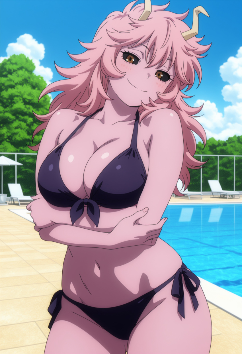 1girl ai_generated arms_crossed arms_crossed_under_breasts big_breasts bikini black_sclera blush boku_no_hero_academia breasts cleavage female_only golden_eyes horns long_hair mina_ashido outdoor_pool outside pink_hair pink_skin pool poolside purple_bikini smile solo_female vegaforge