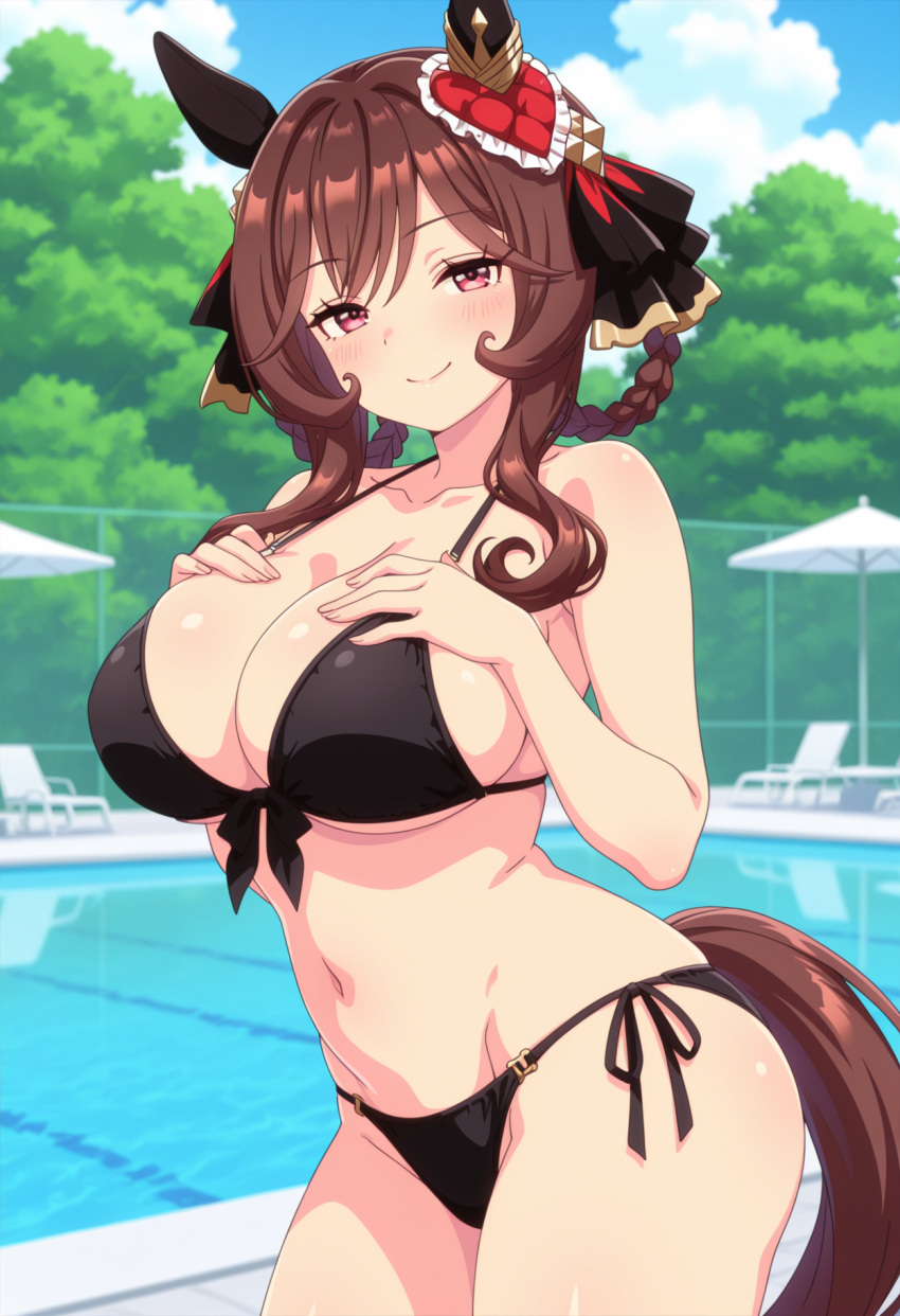 1girl ai_generated big_breasts bikini black_bikini blush breasts brown_hair cleavage female_only gentildonna_(umamusume) hair_accessory hair_ornament hands_on_chest hands_on_own_chest horse_ears horse_girl horse_tail outdoor_pool outside pink_eyes pool poolside smile solo_female umamusume umamusume_pretty_derby vegaforge