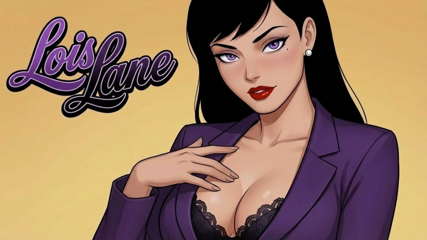 1girl arm_at_side black_bra black_hair bra breasts character_name cleavage collarbone dc_comics earrings female_only female_solo grin hand_up head_tilt jacket jewelry lips lipstick lois_lane long_hair long_sleeves looking_at_viewer makeup medium_breasts mole mole_under_eye mrfluffypotato naughty_face neck open_clothes open_jacket parted_lips pearl pearl_earrings purple_eyes purple_jacket red_lipstick simple_background smile straight_hair superman:_the_animated_series superman_(series) upper_body white_earrings yellow_background