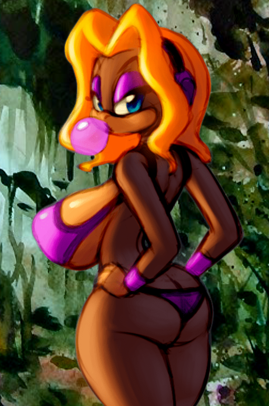 1girl ass big_ass big_breasts bikini bimbo blonde_hair blue_eyes bra breasts brown_fur bubble bubble_blowing bubble_gum candy_kong cleavage curvy donkey_kong_(series) eyeshadow female_focus furry furry_female hands_on_hips hourglass_figure huge_ass huge_breasts jungle kong large_ass lipstick looking_at_viewer makeup nintendo nitro primate rareware seductive thick_thighs thong tight_clothes wide_hips