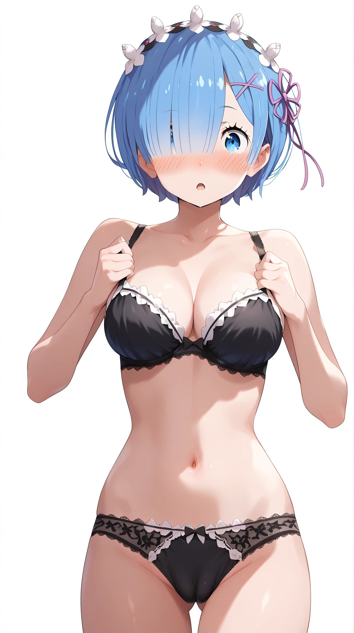 1girl big_breasts black_bra black_panties blue_eyes blue_hair blush bra bra_and_panties breasts cleavage female_only hair_over_one_eye hair_ribbons maid maid_headdress panties purple_ribbon pussy pussy pussy_visible_through_panties re:zero_kara_hajimeru_isekai_seikatsu rem_(re:zero) rem_remu ribbons short_hair solo_female