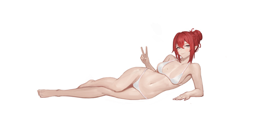 1girl 1girl 1girl absurd_res adult alluring alternate_costume alternate_hair_color arm_support bare_legs barefoot beauty_mark bikini black_scarf cleavage closed_mouth commentary commission english_commentary female_only fire_emblem fire_emblem_fates full_body grey_eyes hair_between_eyes hair_bun hair_intakes high_res intelligent_systems jonbur_man kana_(fire_emblem) kana_(fire_emblem)_(female) legs looking_at_viewer lying medium_breasts mole mole_on_breast navel nintendo no_shoes older on_side pixiv_request pointy_ears red_hair scarf short_hair sideboob simple_background smile stomach string_bikini swimsuit v white_background white_bikini white_swimsuit